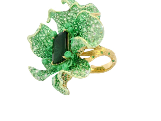 Yellow Gold with Green Garnet & Green Turmaline & White Diamond Ring from Flowers Collection