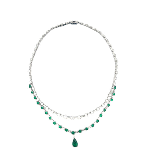 White Gold & Platinum with Emerald and White Diamond Necklace from Link Collection