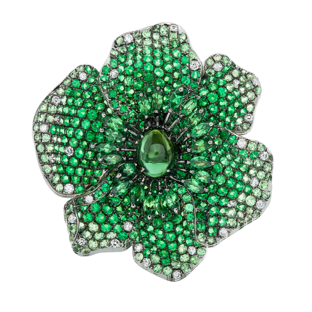 White Gold Green Garnet and Tourmaline Ring from Flower Collection