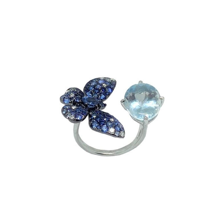Blue Sapphires, Diamonds and Aquamarine Butterfly Ring
