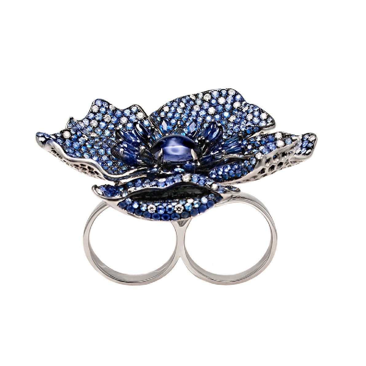 White Gold Blue Sapphire Double-finger Ring from Flower Collection