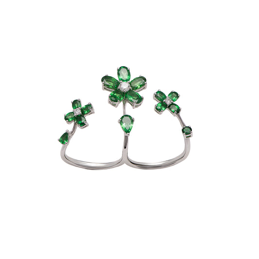 Double-finger Green Flowers Ring