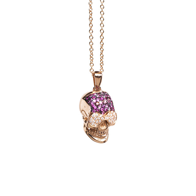 Rose Gold Pink Sapphires Skull Necklace From Skull & Cross Collection